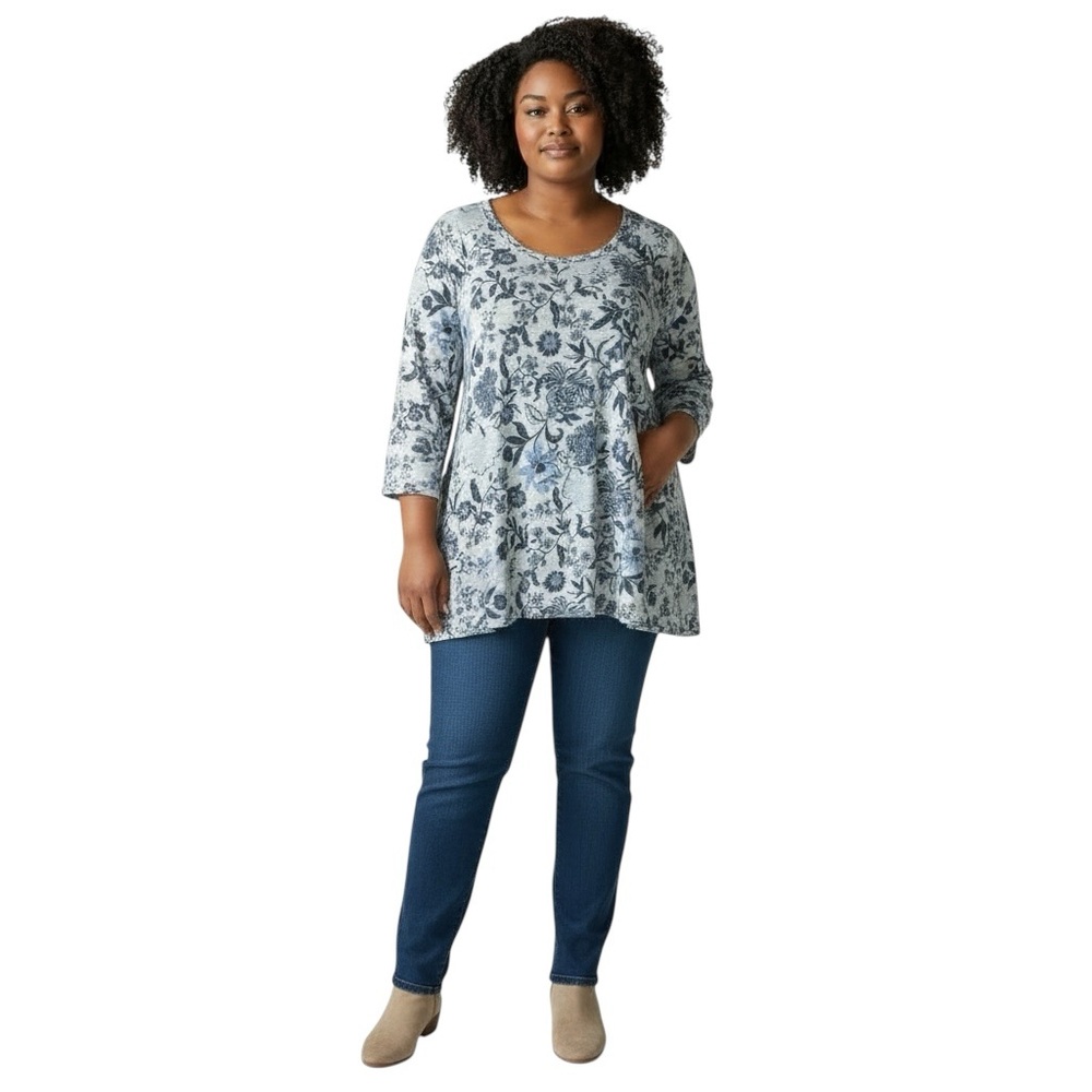 RACHEL ZOE 100% Linen Floral T-Shirt Top in Blue/Gray Size 1X — GORGEOUS!!! - Picture 2 of 10